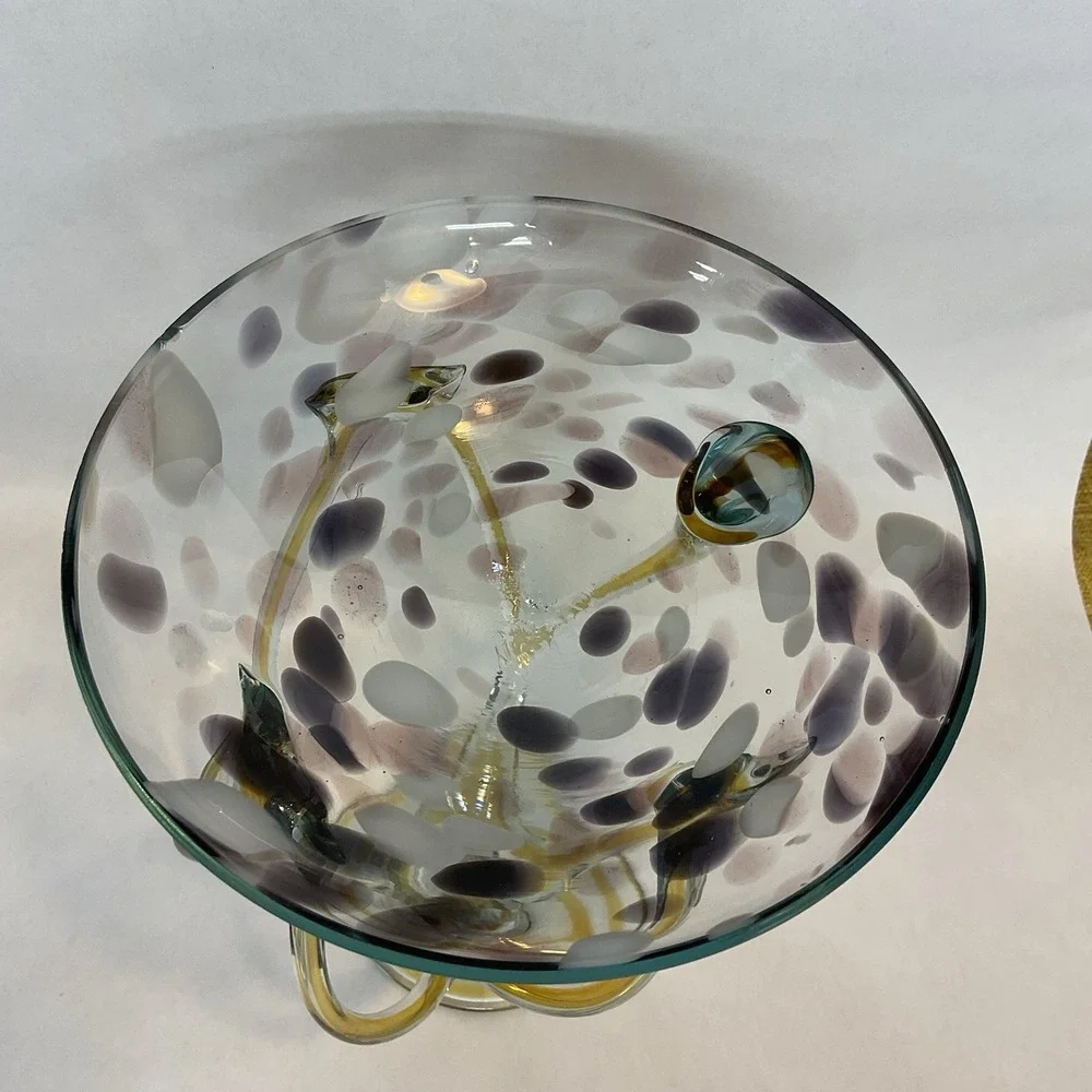 Vintage Jozefina Krosno Poland Cobalt Art Glass Jellyfish Pedestal Bowl 9